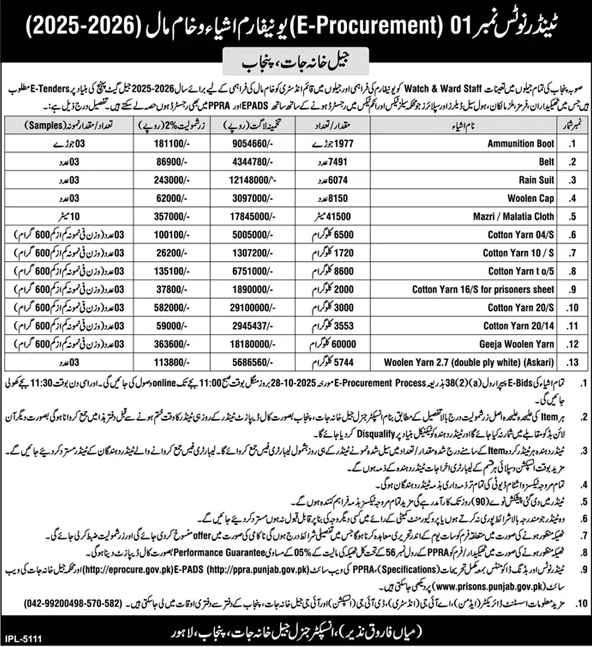 District Jail Lahore Tender Notice